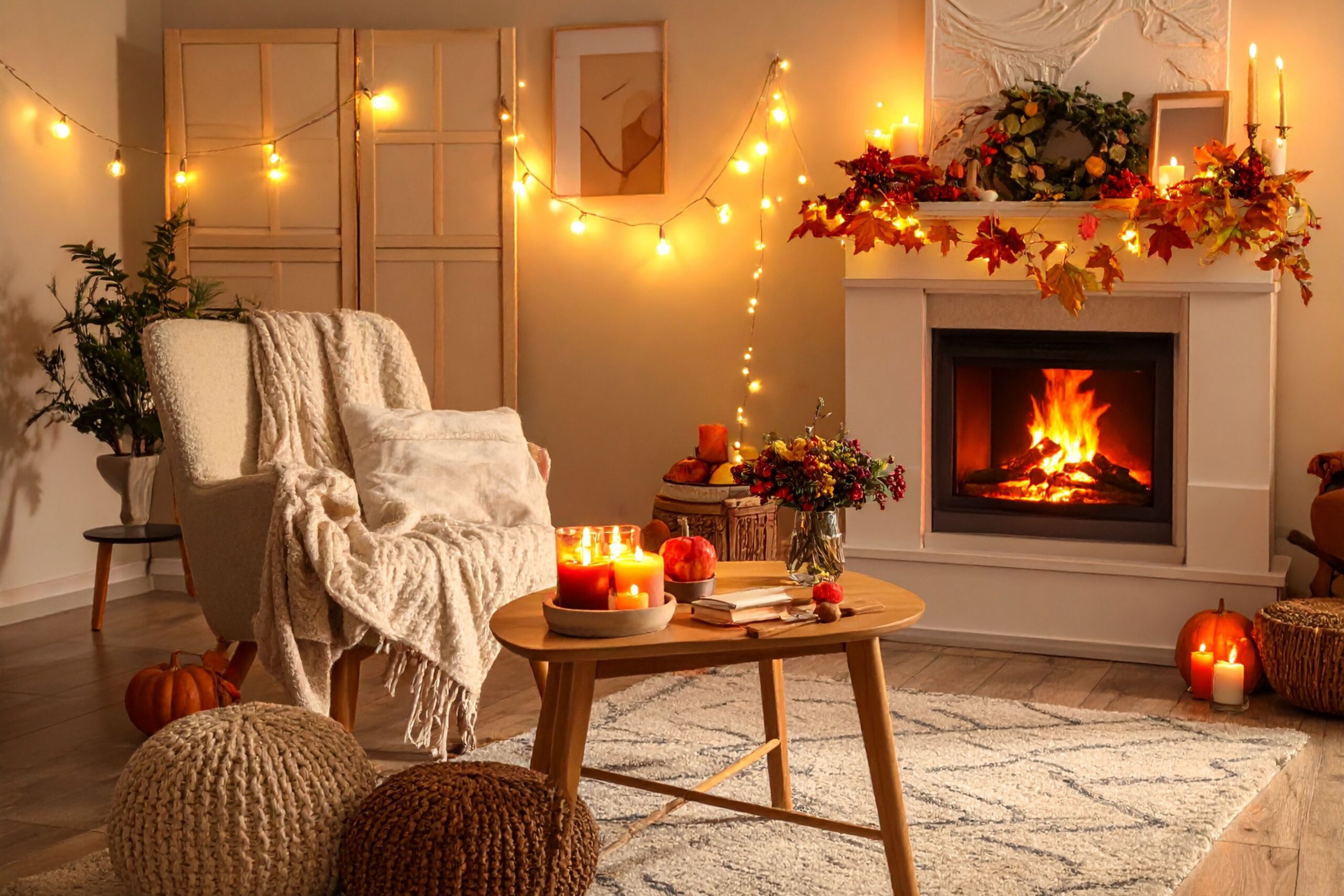 Warm autumn lighting creating cozy ambiance in European living room with soft glowing lamps