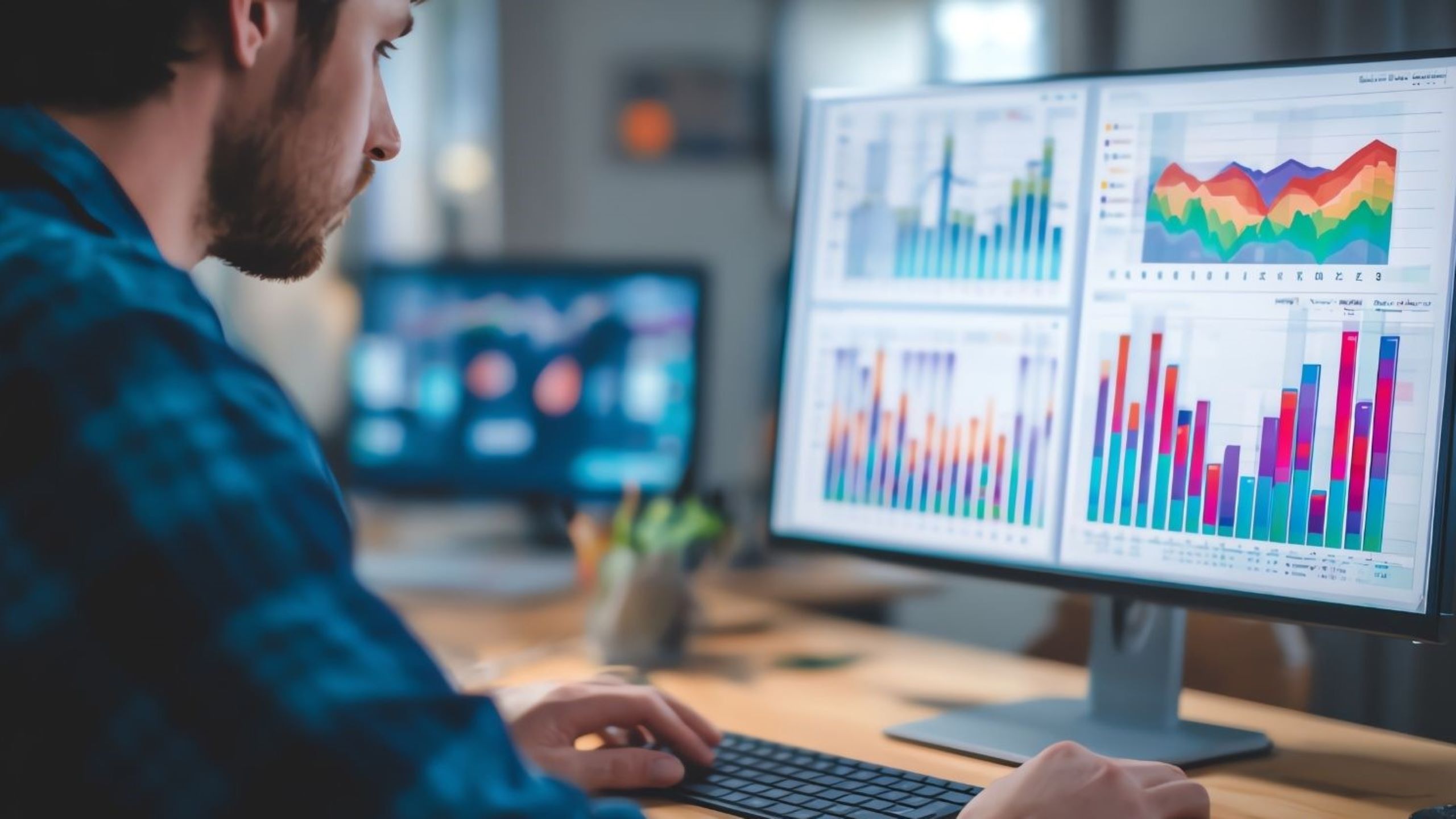 Business professionals analyzing European e-commerce trends data on digital analytics dashboard showing growth statistics, AI insights, and market forecasts representing €565B projected sales by 2029
