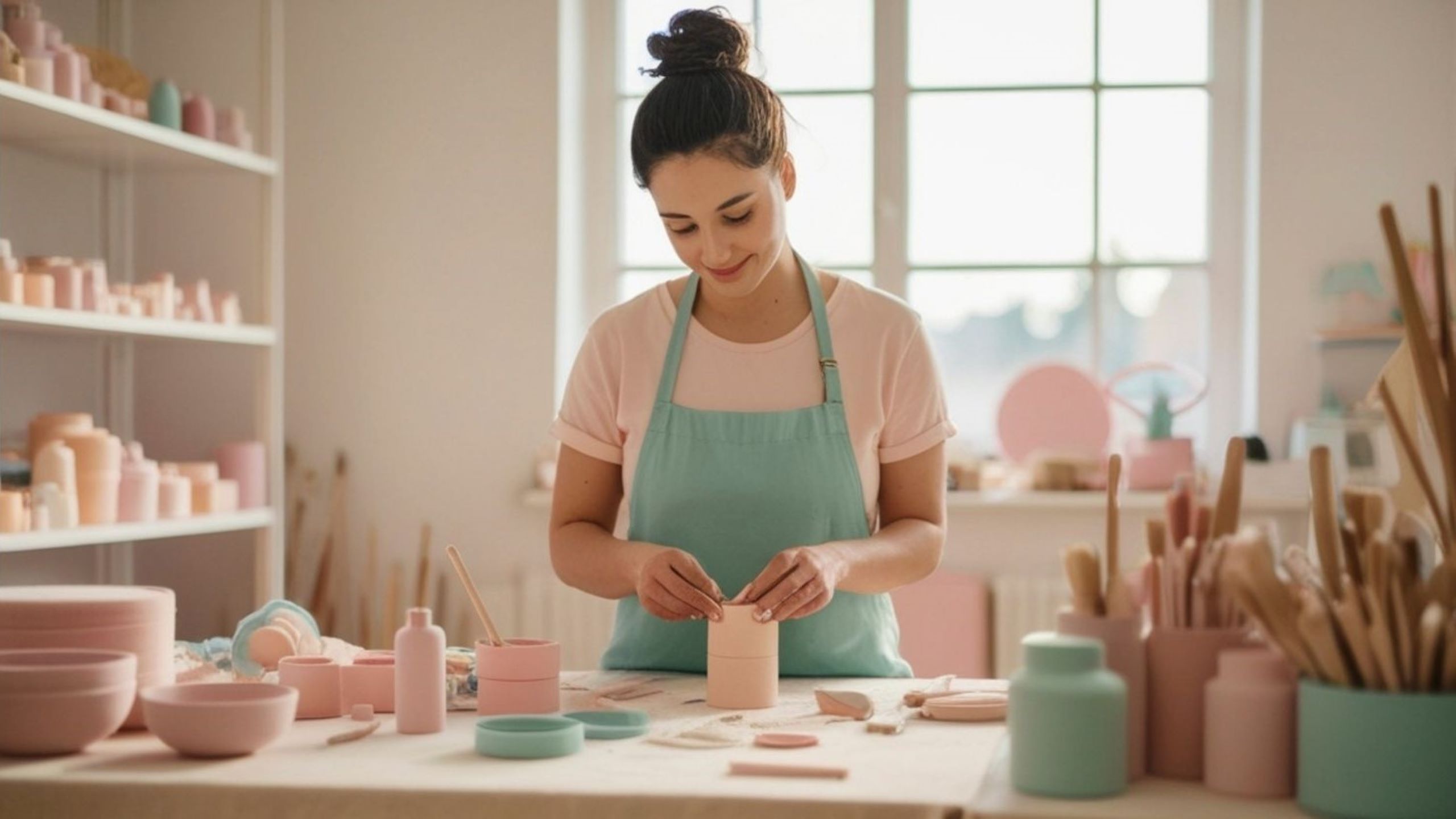Young European creators showcase traditional pottery and weaving crafts on wooden workshop table, blending heritage techniques with modern design aesthetic, representing Gen Z cultural renaissance across Europe in 2025.