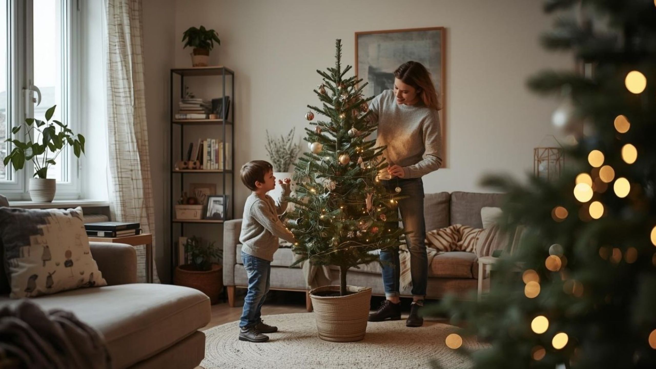 Family with potted living Christmas tree for zero-waste celebration in European home, showcasing sustainable alternative to cut trees that can be replanted and reused for multiple holiday seasons