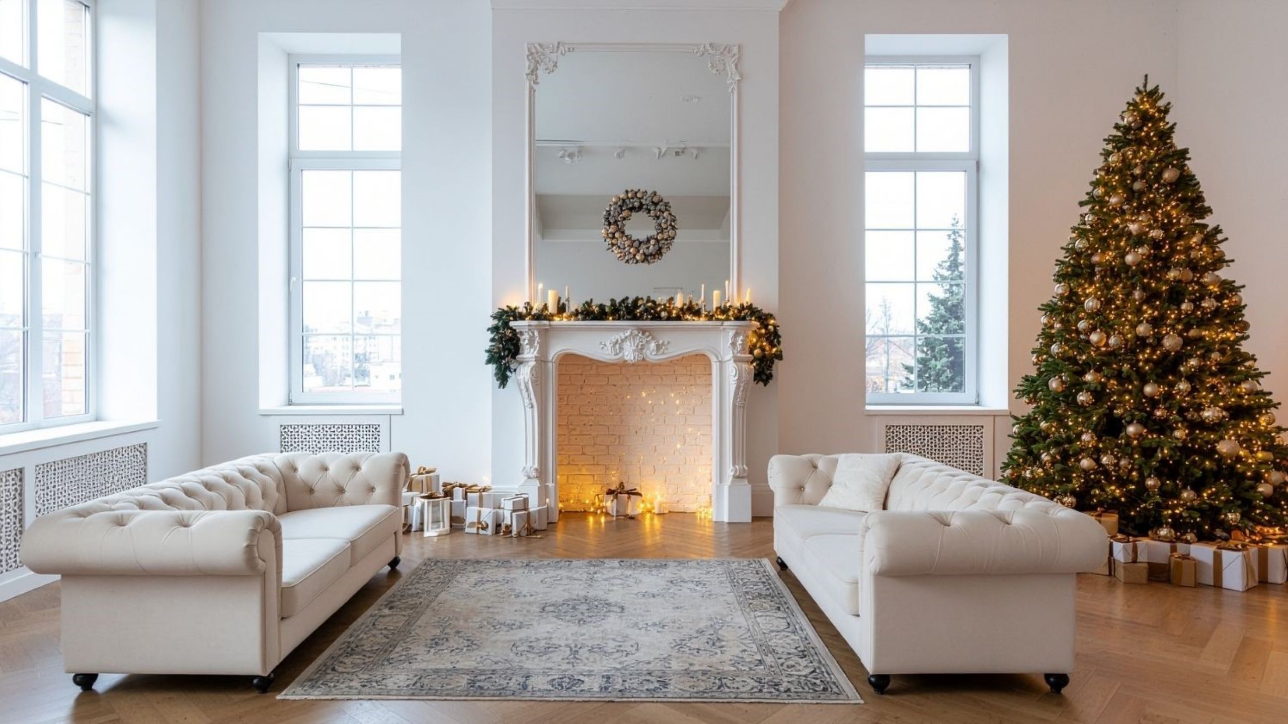 Minimalist Scandinavian Christmas tree decorated with white ornaments, natural wood accents, and warm fairy lights representing Nordic hygge decor style with simple elegant festive touches