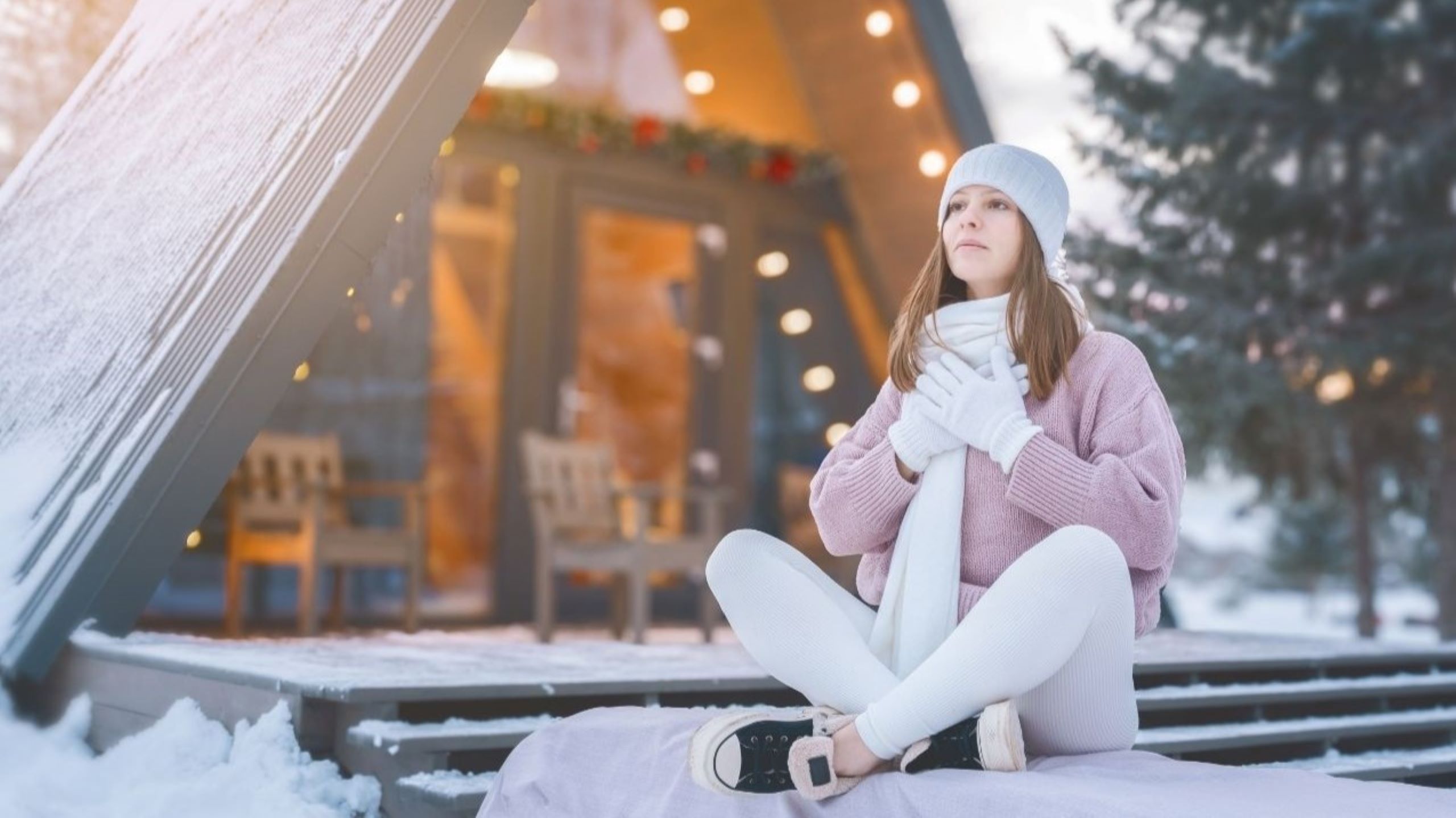 European woman practicing mindfulness meditation for holiday stress relief in peaceful indoor setting, demonstrating effective wellness strategies managing December celebration pressures and anxiety reduction