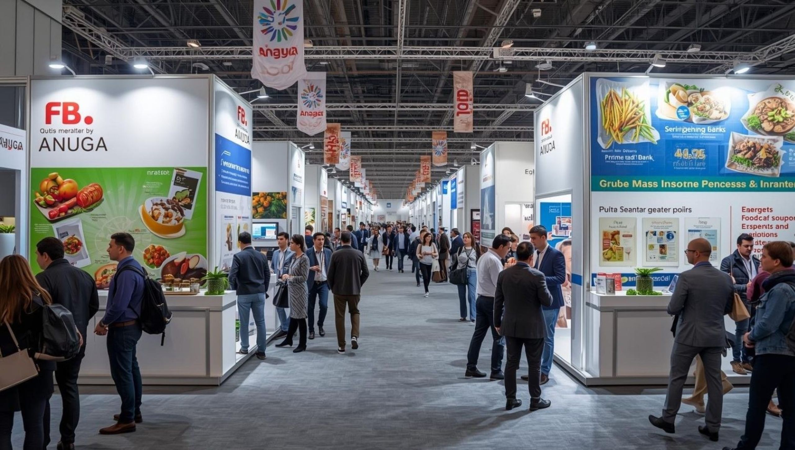 Trade exhibition booths at Anuga showing food industry products and investment opportunities for European market