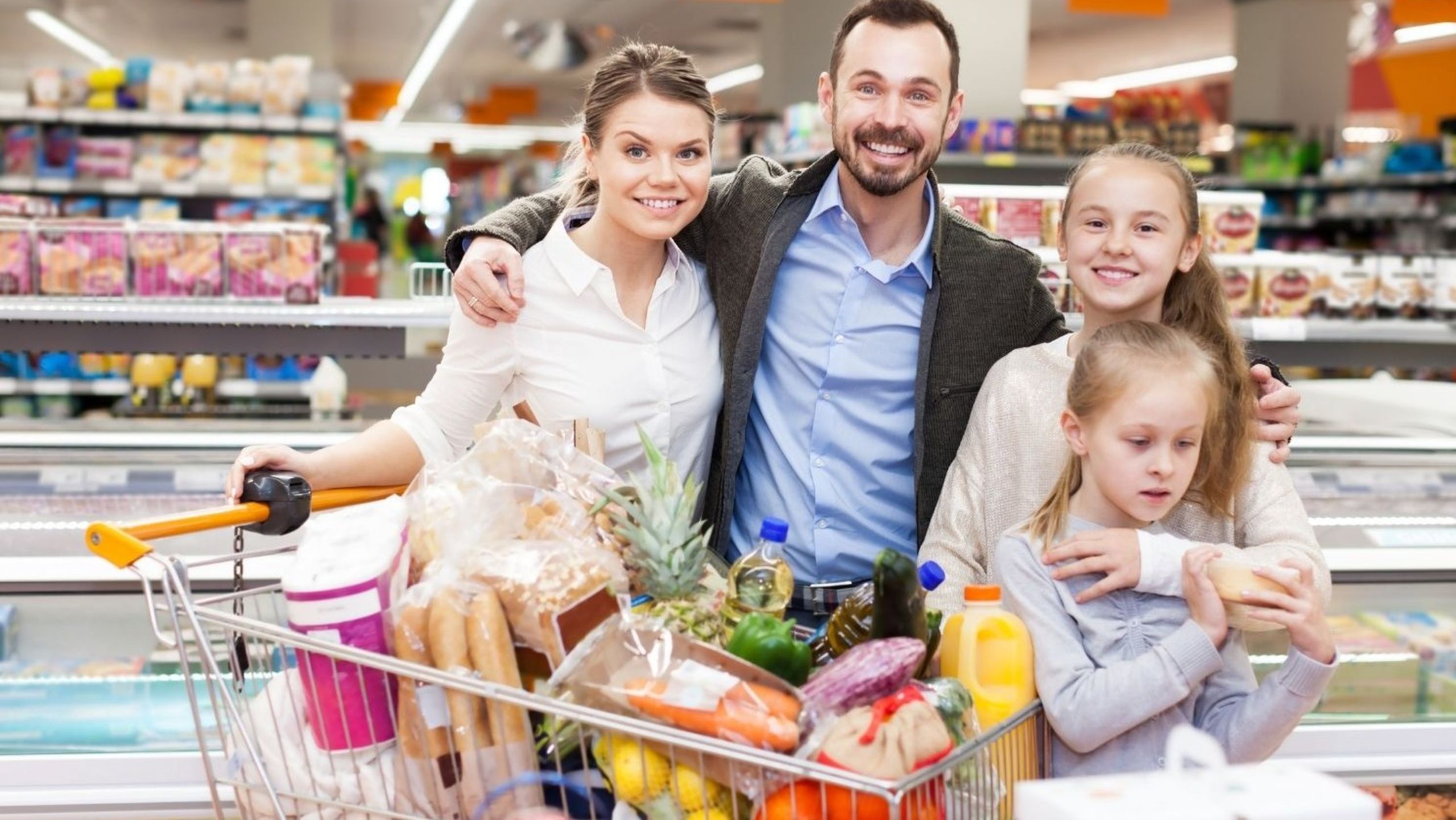 Household inflation impact on European family doing weekly grocery shopping