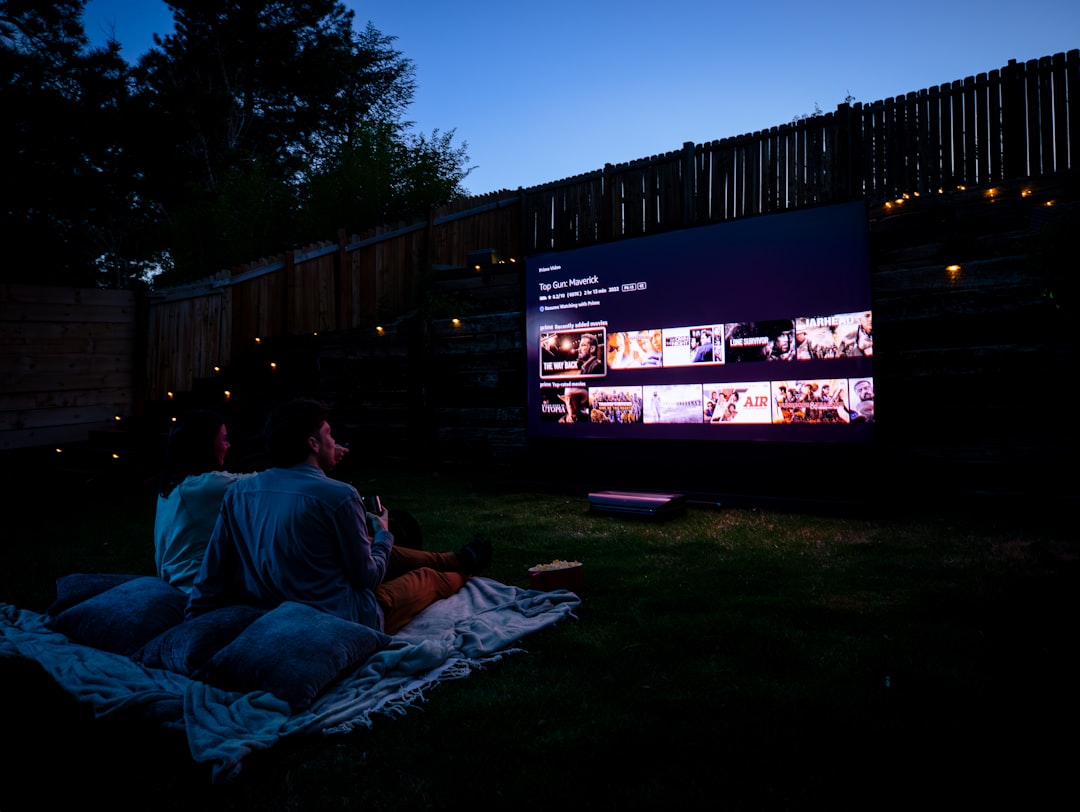 A crowd of people seated on a summer evening watching an open-air cinema screening at a European festival