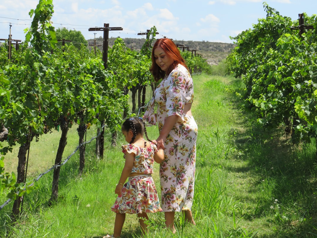 A mother and child share a harvest experience among vineyard rows during the EU grape harvest season